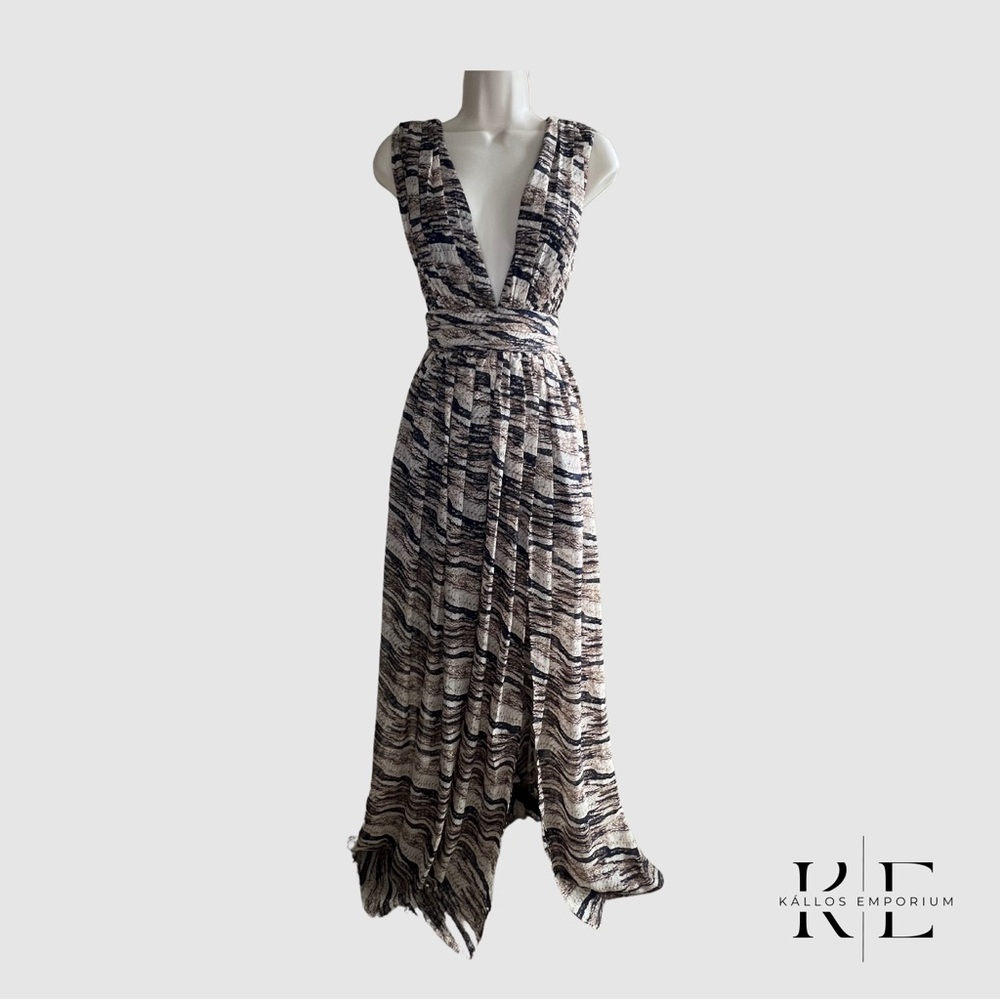 Chicseek Brown/Navy Long Deep V-Neck Dress